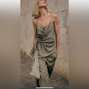 Zara ZW Tied Jacquard Flowy Harem Pant Khaki NWT Sz S